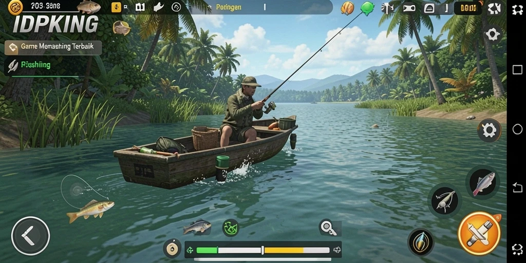 Screenshot gameplay IDPKING yang menunjukkan aksi memancing seru.