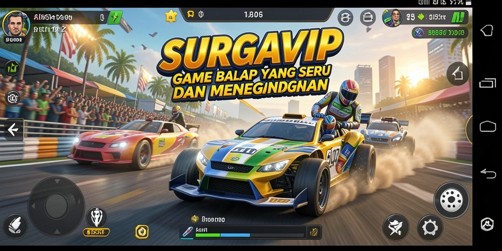 Tampilan gameplay SURGAVIP dengan mobil balap di lintasan menantang.